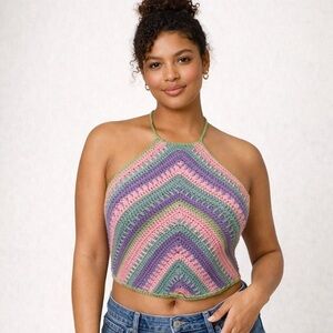 Moon Dreams Multicolored Crochet Halter Top Cropped Open Back